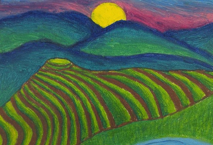 Student artwork of a landscape using pastels